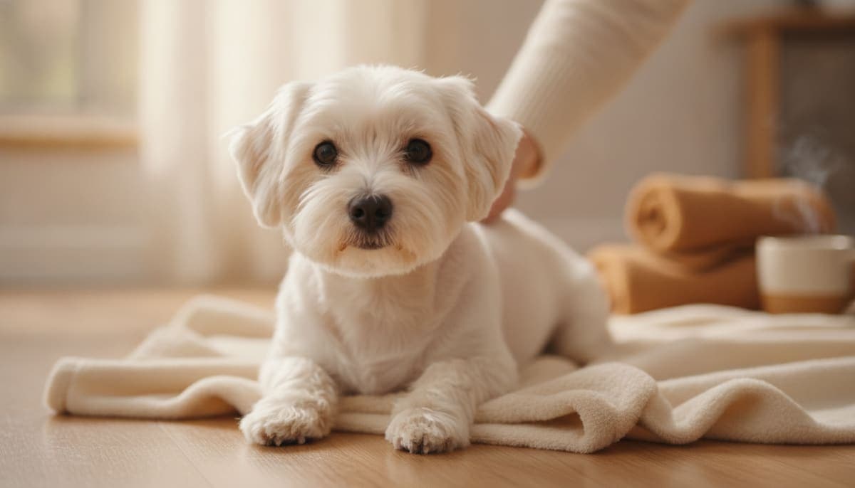 目元がすっきりした健康そうな白い小型犬が室内でくつろぐ様子