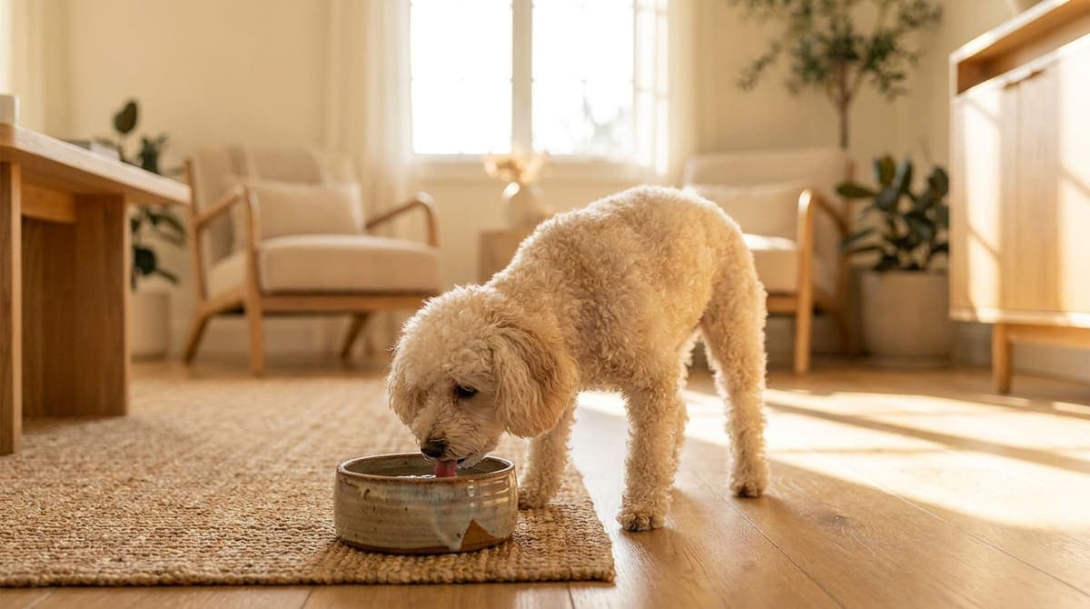室内の水飲みボウルから水を飲んでいる一頭の犬