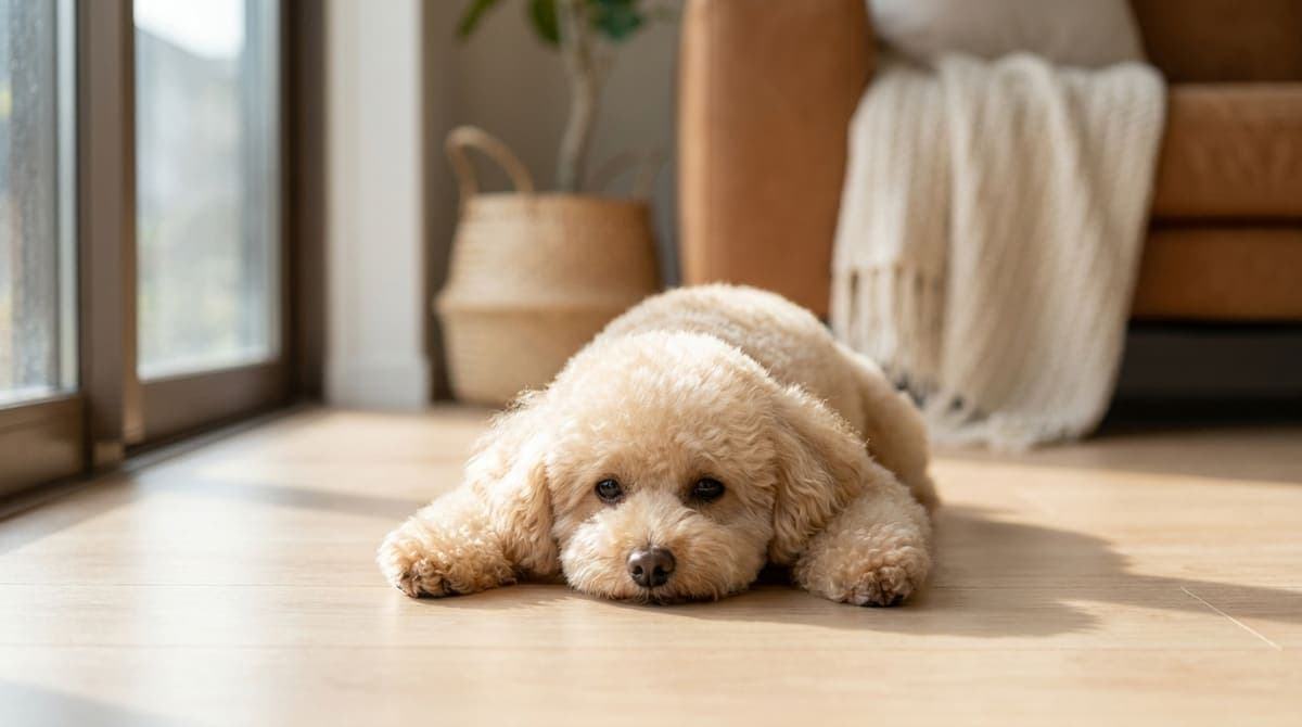 夏の室内で、涼しい床の上に伏せて静かに休んでいる一頭の犬