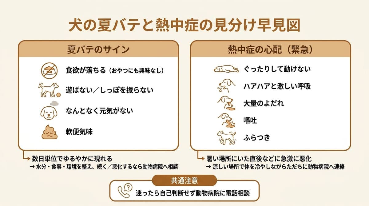 犬の夏バテの主なサインと、熱中症が疑われる緊急サインの見分けをまとめた図解