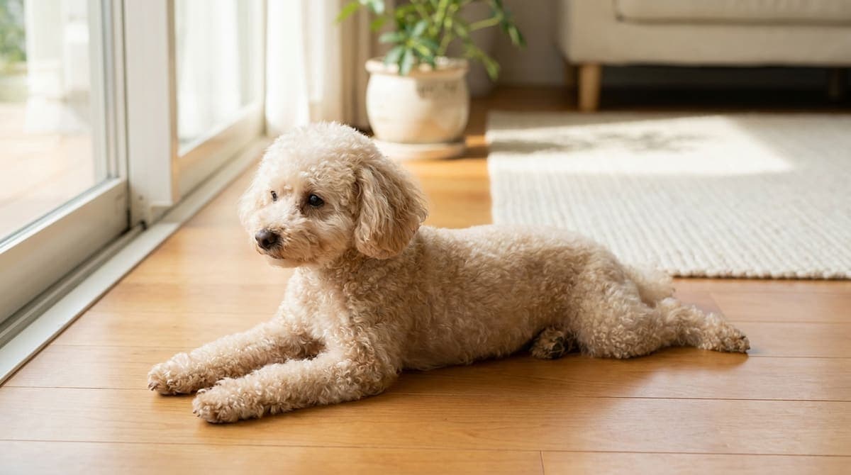 夏の室内で床に伏せて休む犬