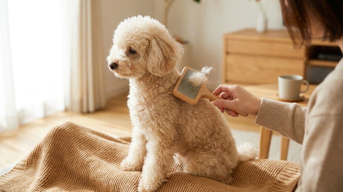 明るい室内で、スリッカーブラシを使って飼い主にやさしくブラッシングされる小型犬