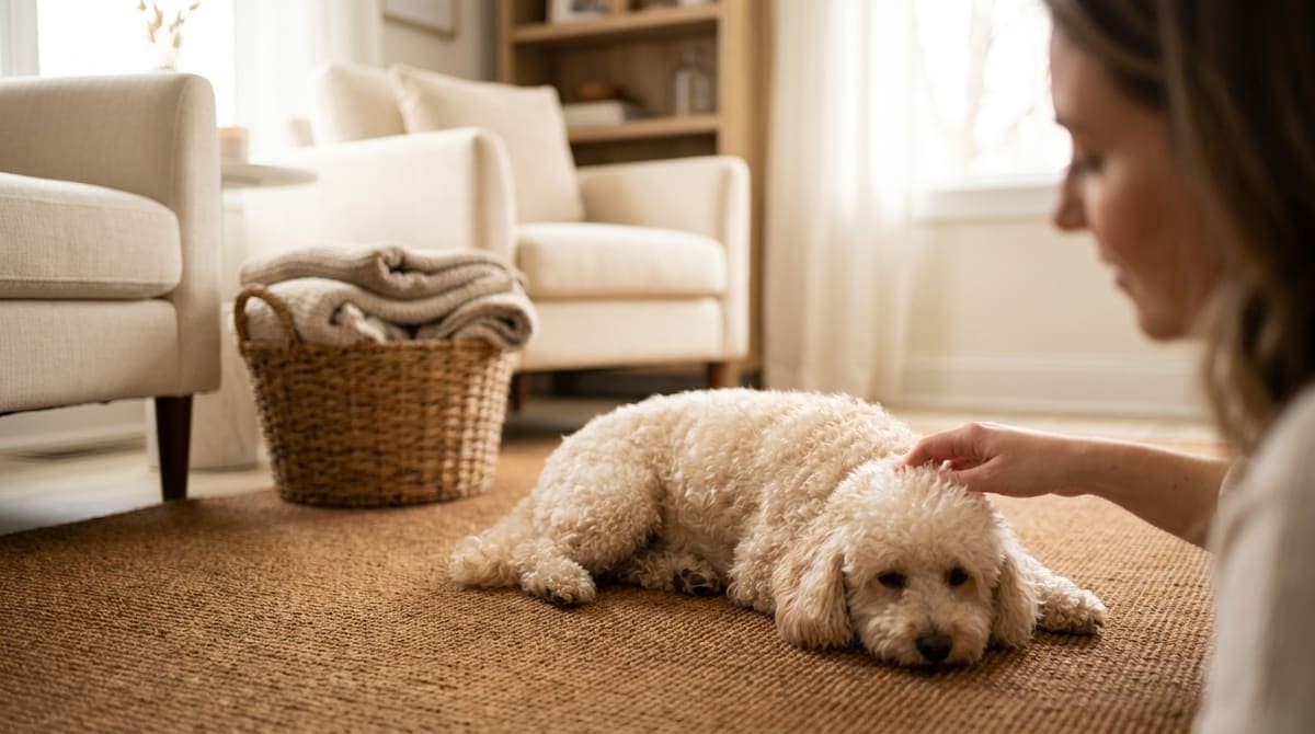 きれいに片づいた明るいリビングで、たたんだ洗濯物のそばでくつろぐ小型犬