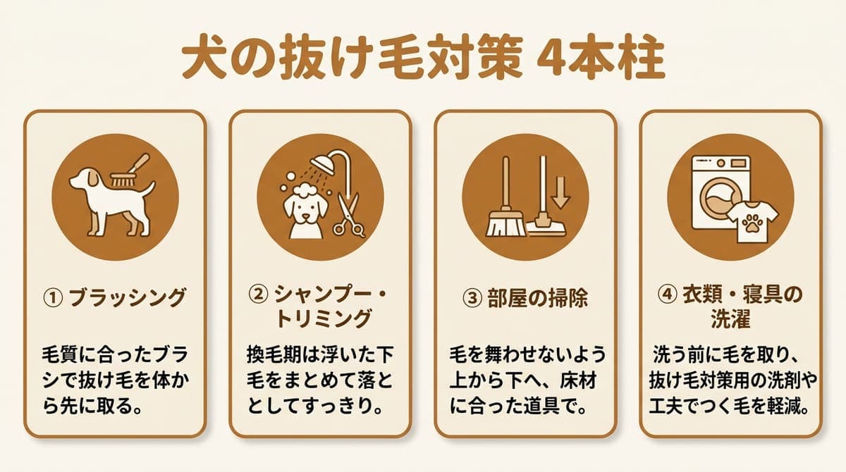 犬の抜け毛対策の4本柱(ブラッシング・シャンプー/トリミング・部屋の掃除・衣類/寝具の洗濯)をまとめたカード型の図解