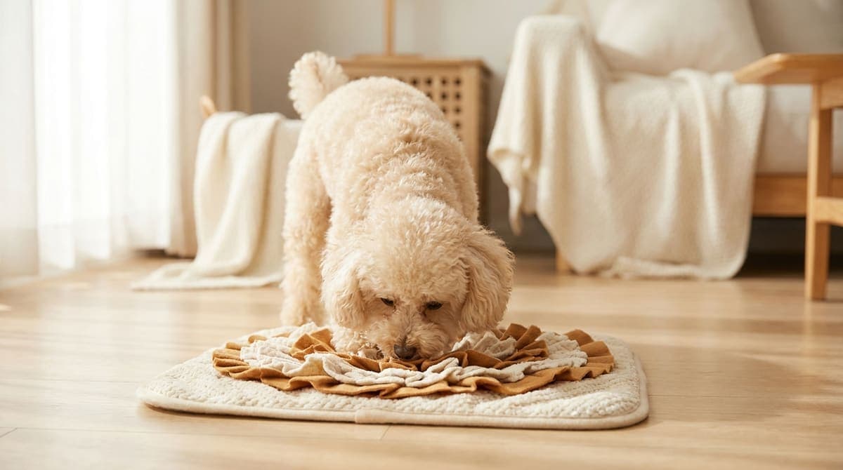 マットで嗅覚を使った遊びをしている犬