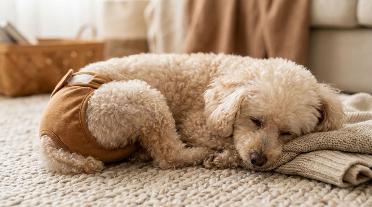 おむつを着けて室内のソファでくつろぐ小型犬