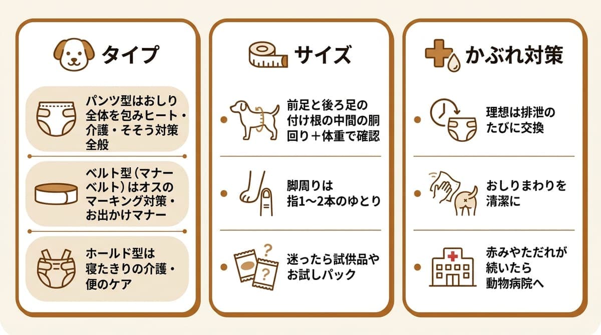 犬のおむつのタイプ別の特徴と向いている用途を整理した図解