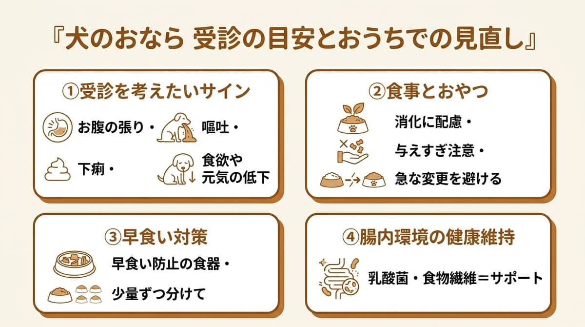 犬のおならが臭いときに見直したい4つの観点(受診を考えたいサイン・食事とおやつ・早食い対策・腸内環境の健康維持)をまとめたカード型の図解