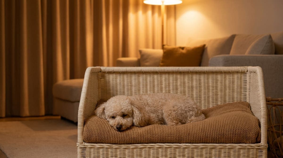薄暗い室内のクレートの中で落ち着いて休む犬