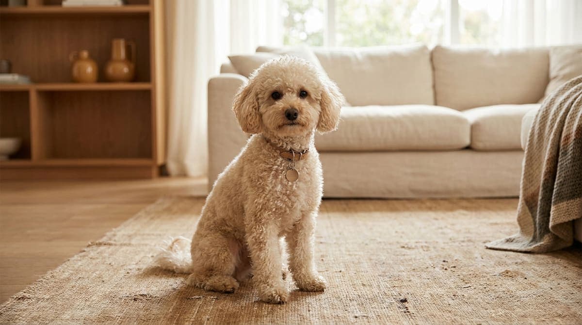 迷子札つきの首輪をつけて室内で座る犬