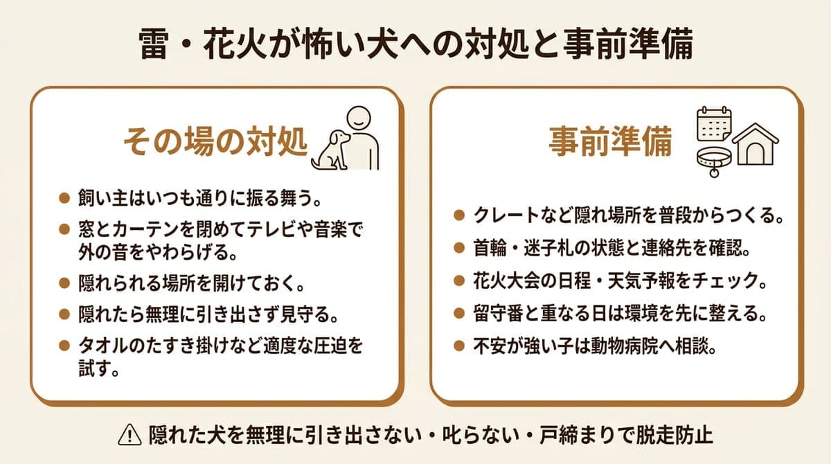 雷・花火のときのその場の対処と事前準備のポイントを整理した図解