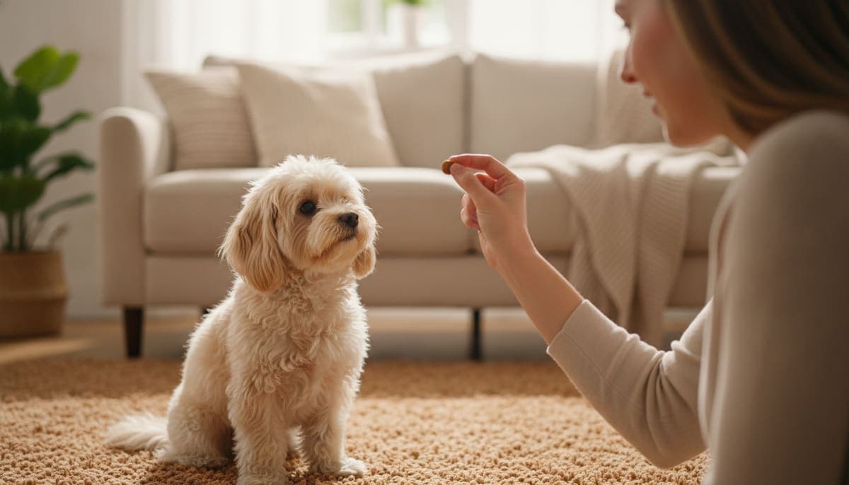 リビングで飼い主の手から無添加おやつをもらうのを待つ小型犬