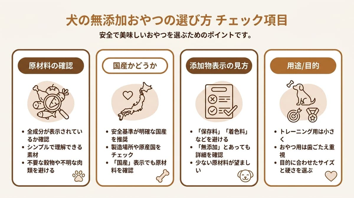 犬の無添加おやつの選び方チェック項目(原材料の確認・国産かどうか・添加物表示の見方・用途/目的)をまとめたカード型の図解