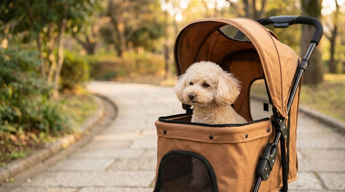公園の舗装された道でペットカートに乗って移動する小型犬