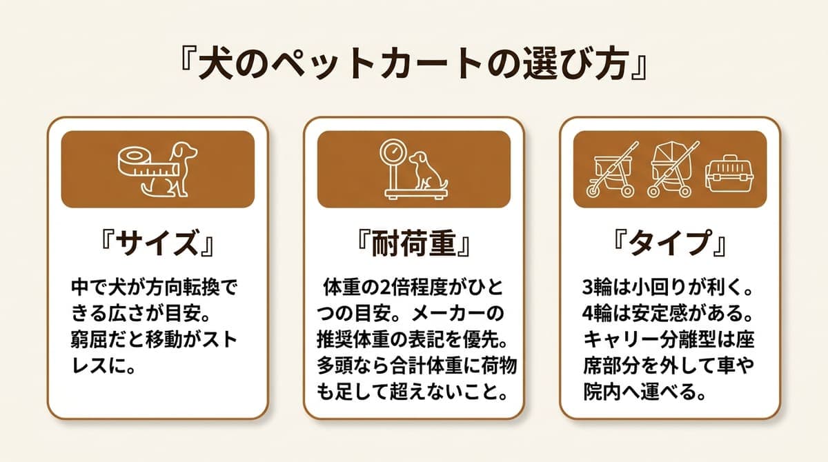 犬のペットカートの選び方をサイズ・耐荷重・タイプの3つの観点で整理した図解
