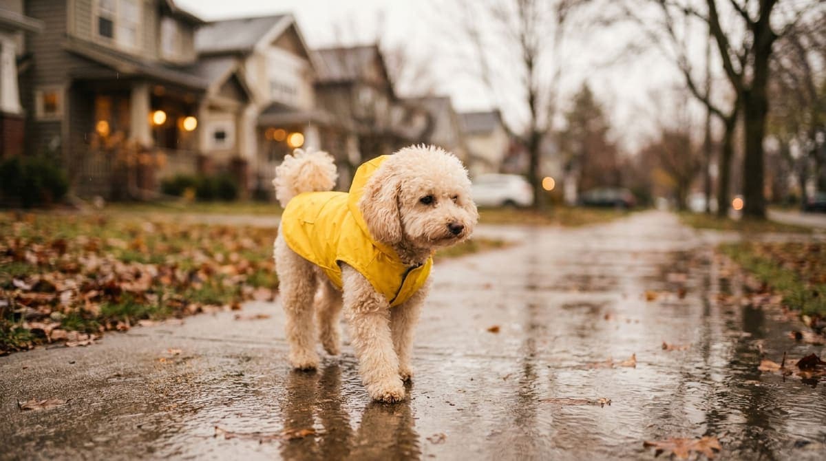 レインコートを着て雨に濡れた住宅街の道を歩く小型犬
