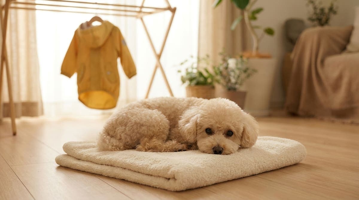 雨の日の散歩から帰り、干してあるレインコートのそばのタオルの上で休む小型犬