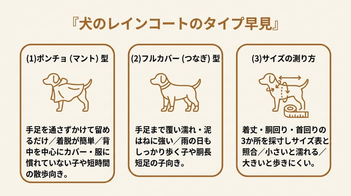 犬のレインコートのポンチョ型とフルカバー型の特徴を整理した図解