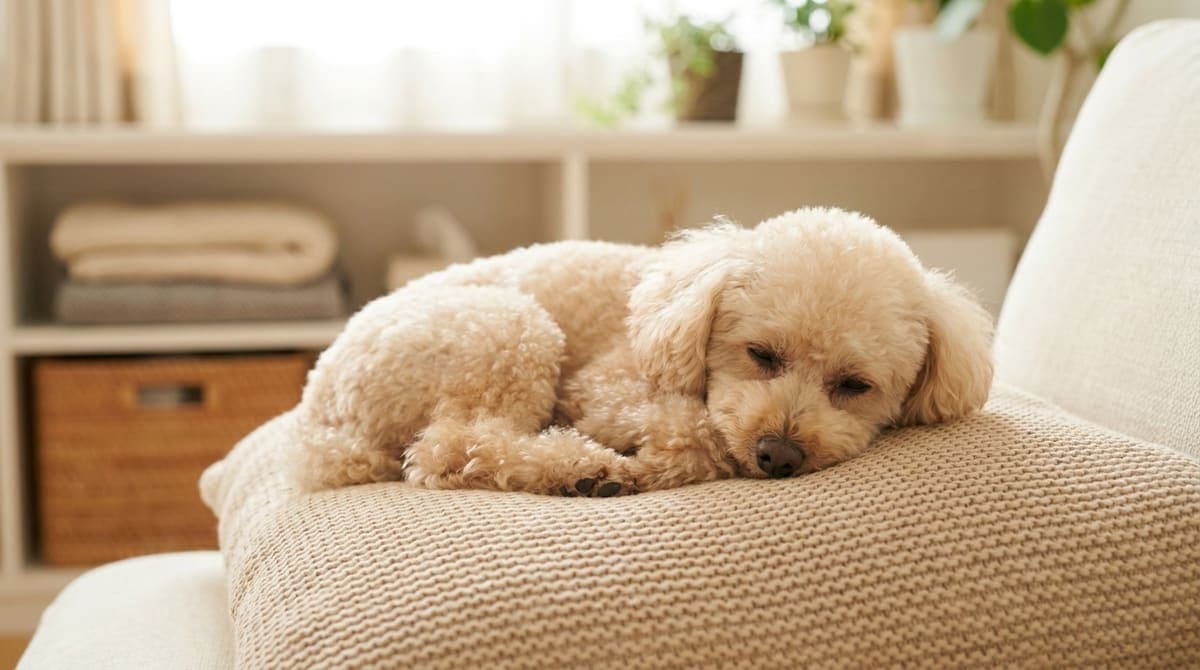 明るい部屋のベッドで穏やかにくつろいで留守番を待っている犬