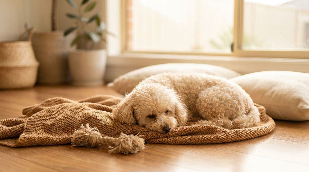 知育トイのそばでくつろぎながら過ごしている犬