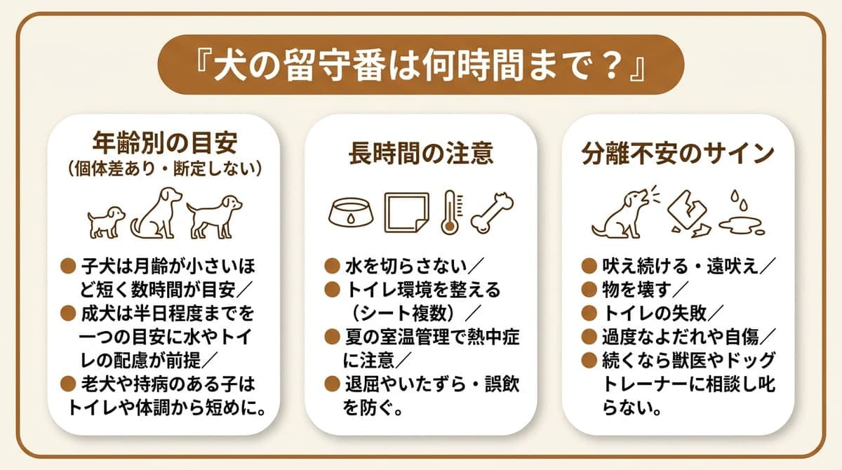 犬の留守番の時間の目安・長時間の注意点・分離不安のサインの3つの要点を整理したカード型の図解