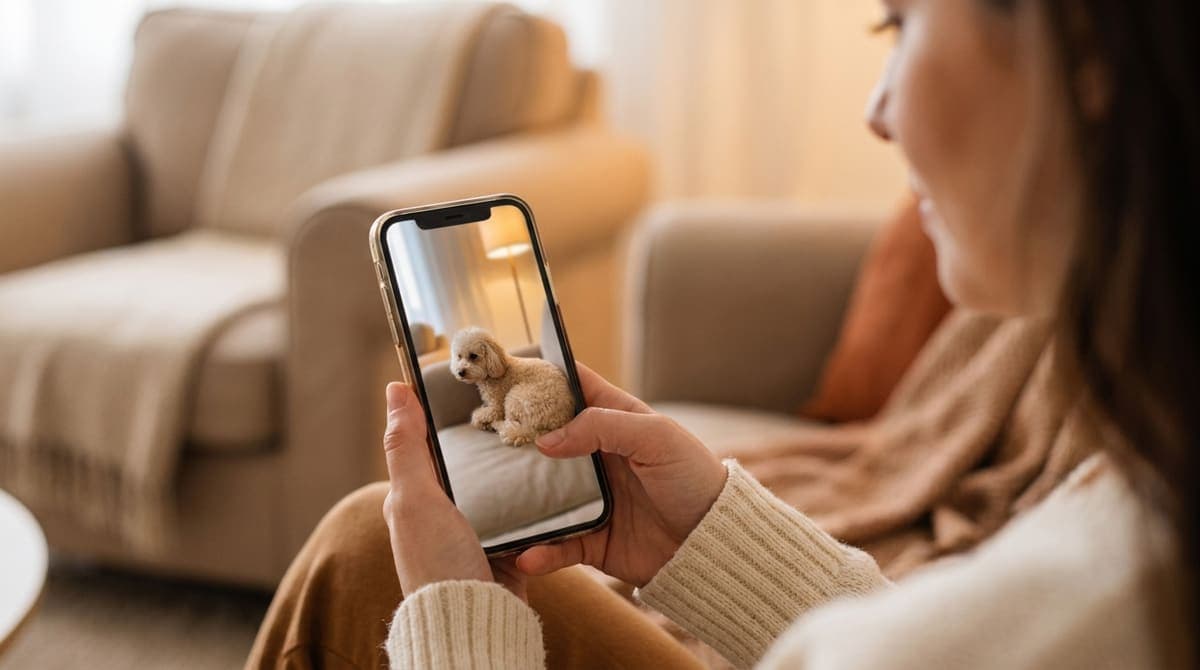 外出先でスマートフォンを使い、留守番中の犬の様子を確認する飼い主の手元