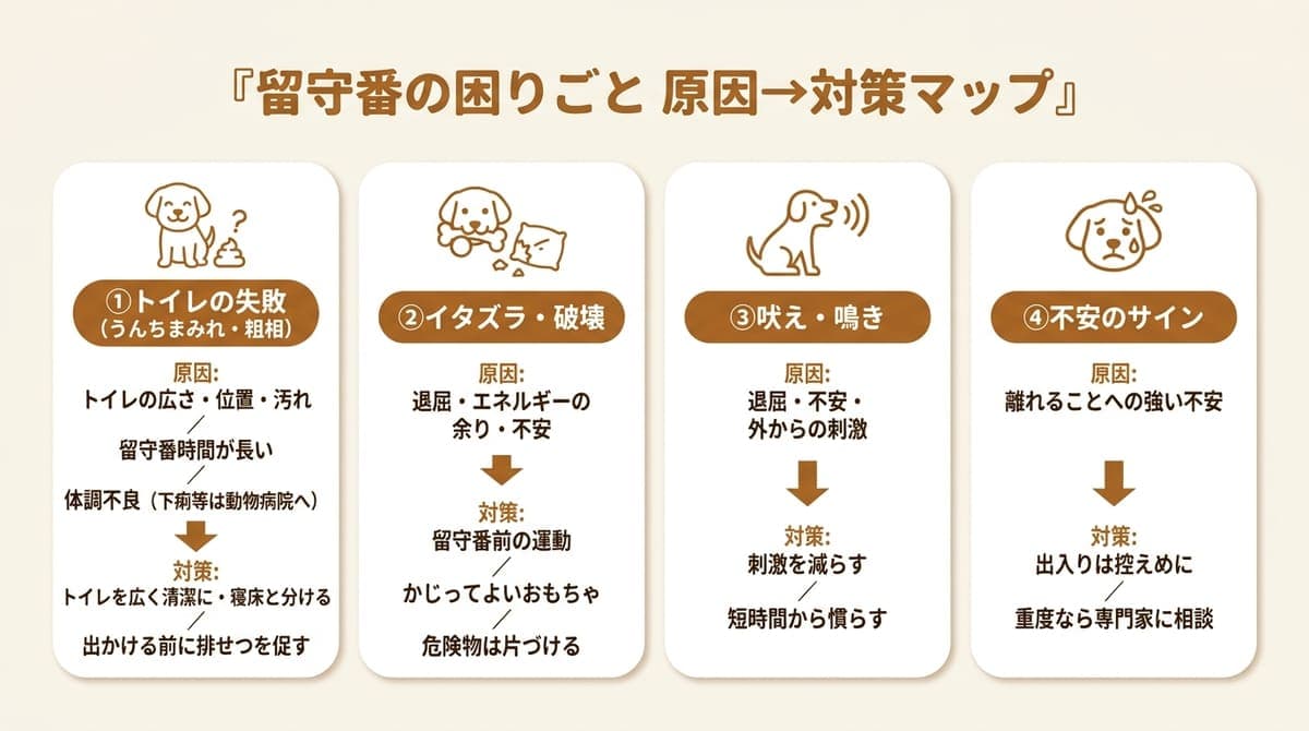 留守番の困りごと(トイレの失敗・イタズラや破壊・吠えや鳴き・不安のサイン)と、それぞれの原因と対策の要点をまとめたカード型の図解