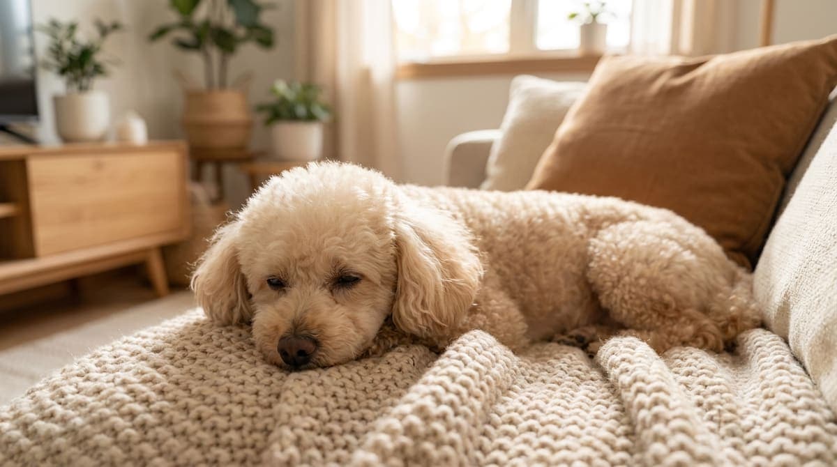 室内で伏せてくつろいでいる高齢の犬の上半身