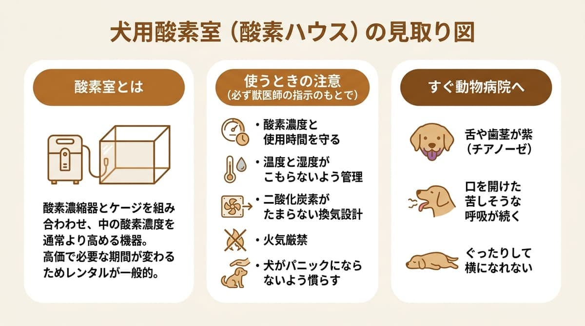 犬用酸素室の構成(酸素濃縮器とケージ)、使用時の注意点、緊急サインの3点を整理した図解