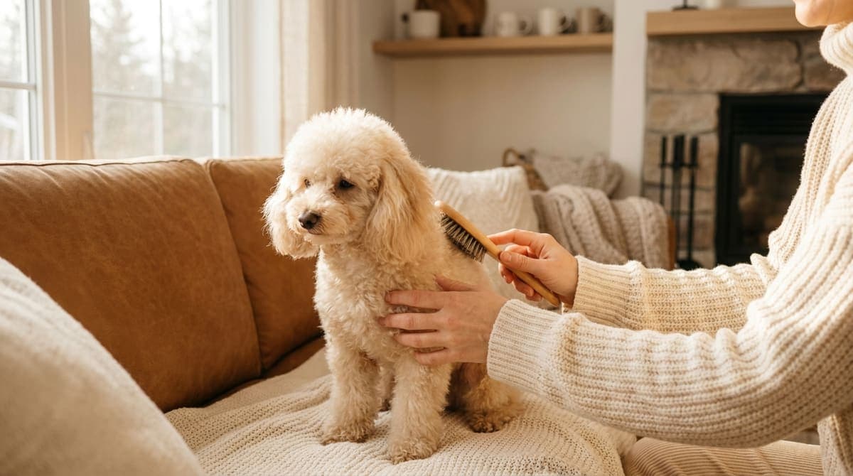 冬の室内でブラッシングされる小型犬