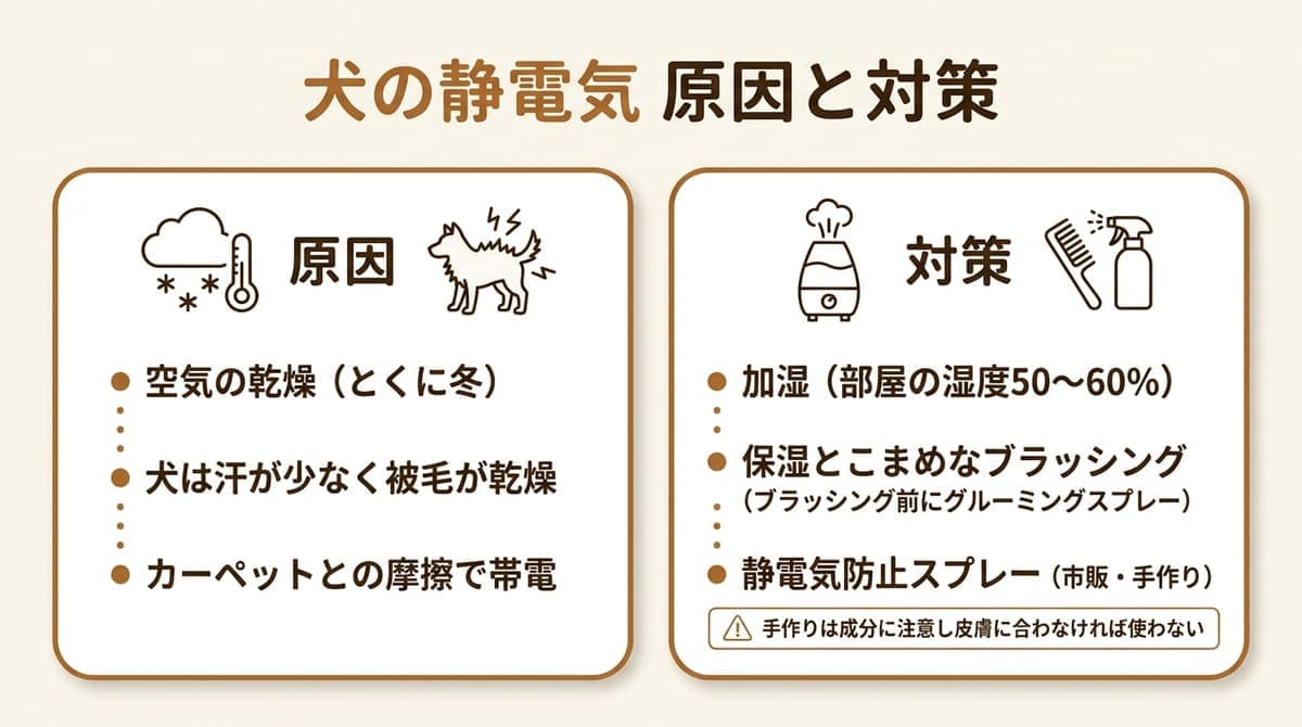 犬の静電気の原因と、加湿・保湿・ブラッシングという対策の要点をまとめた図解