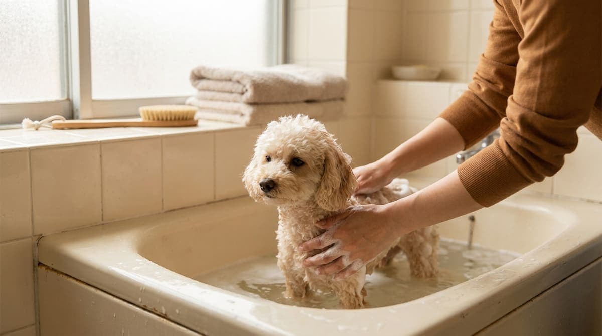 浴室でぬるめのお湯を使い、たっぷりの泡で飼い主の手にやさしく洗われる小型犬