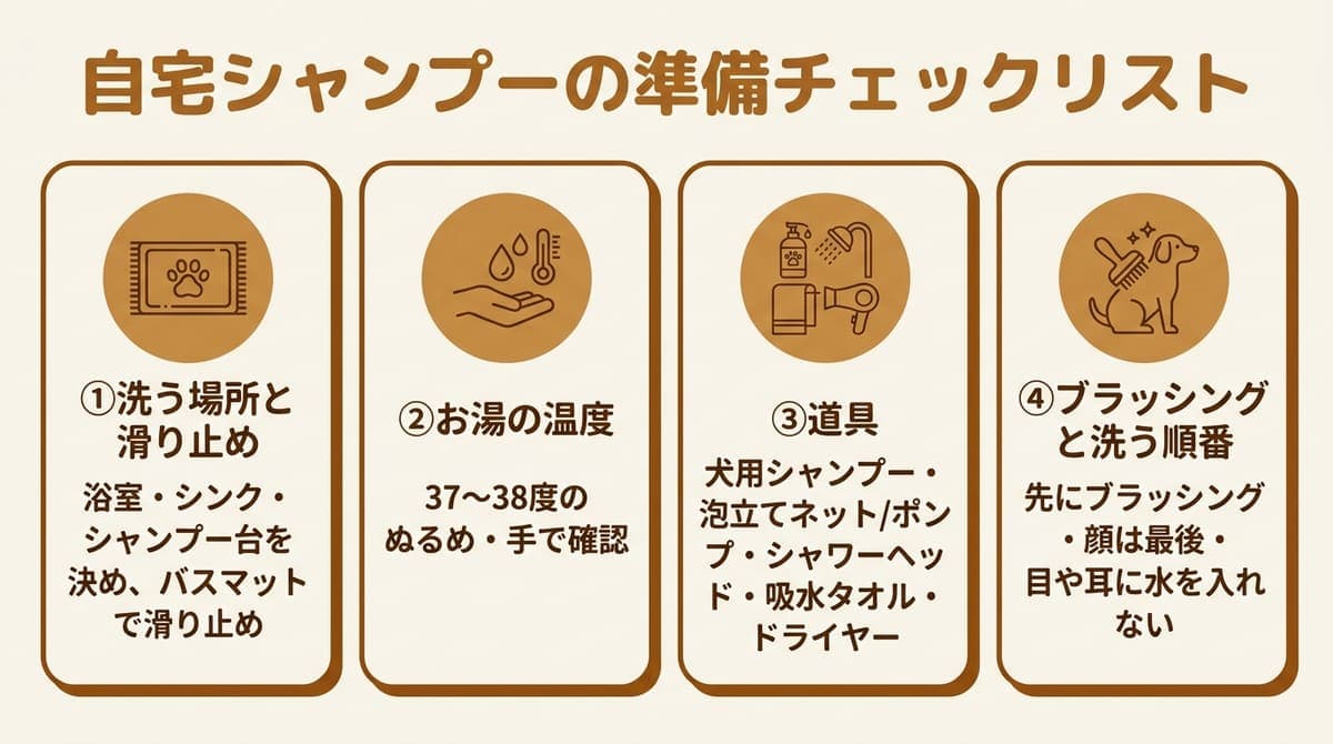 自宅シャンプーの準備チェックリスト(洗う場所と滑り止め・お湯の温度・道具・ブラッシングとすすぎ残し)をまとめたカード型の図解