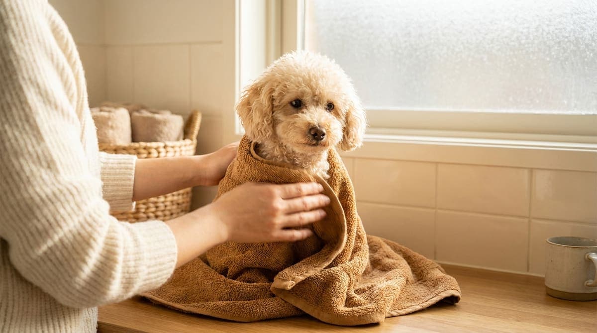 シャンプー後にやわらかいタオルで包むようにやさしく水気を拭き取られる小型犬