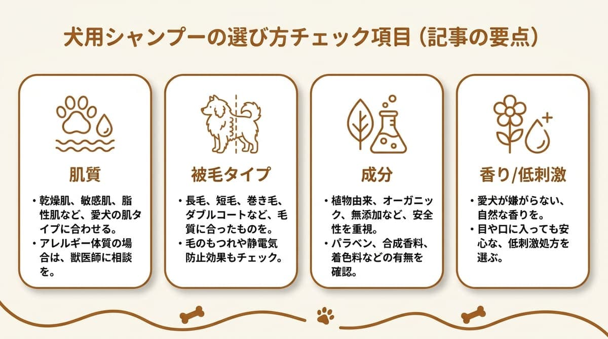 犬用シャンプーの選び方チェック項目(肌質・被毛タイプ・成分・香り/低刺激)をまとめたカード型の図解
