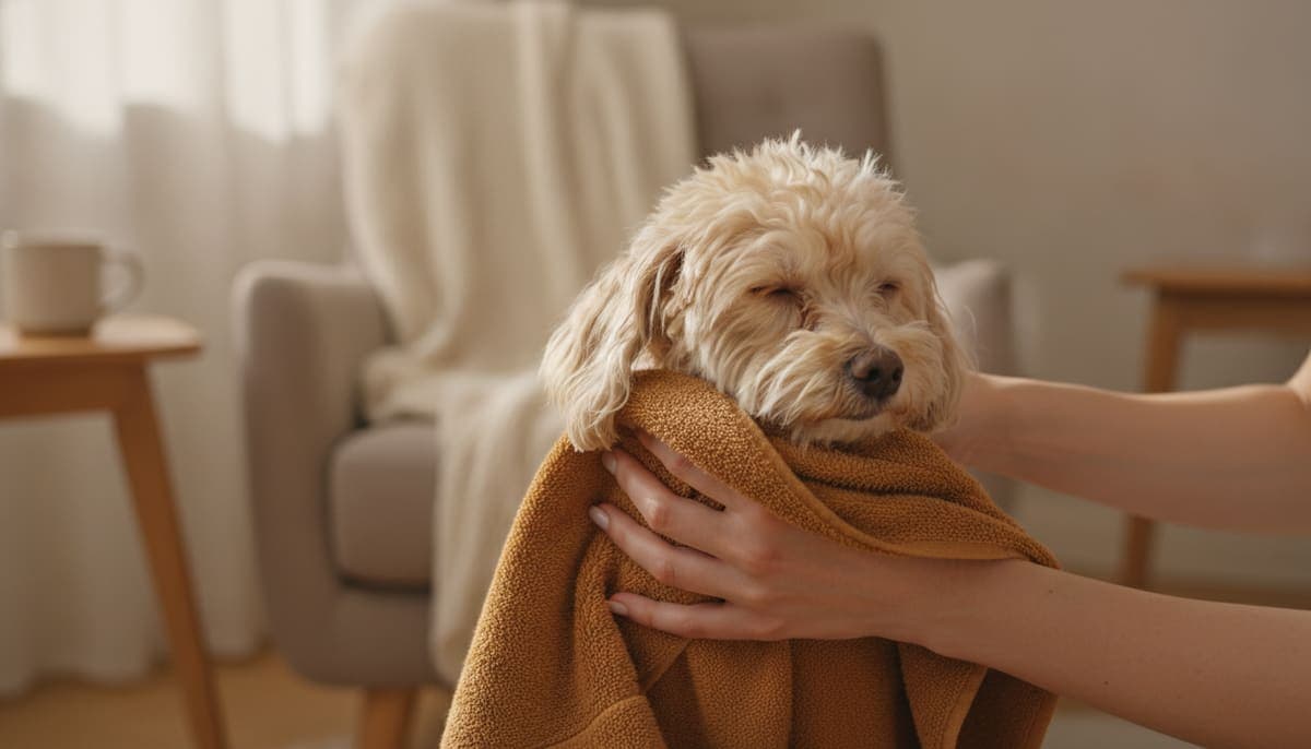 シャンプー後にやわらかいタオルでやさしく拭かれる小型犬