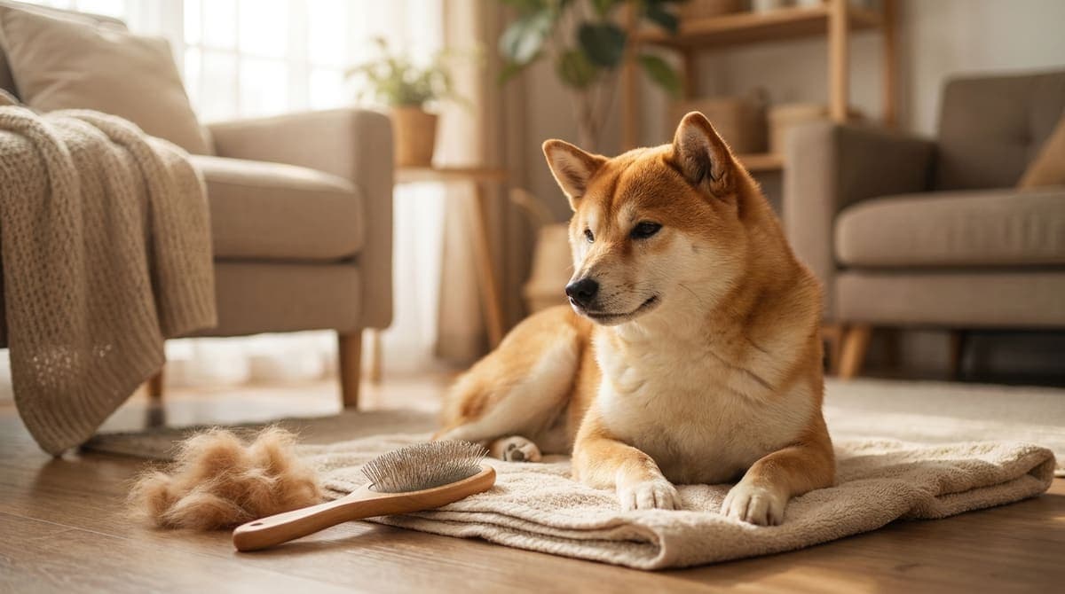 スリッカーブラシと取れたアンダーコートのかたまりのそばで伏せている柴犬
