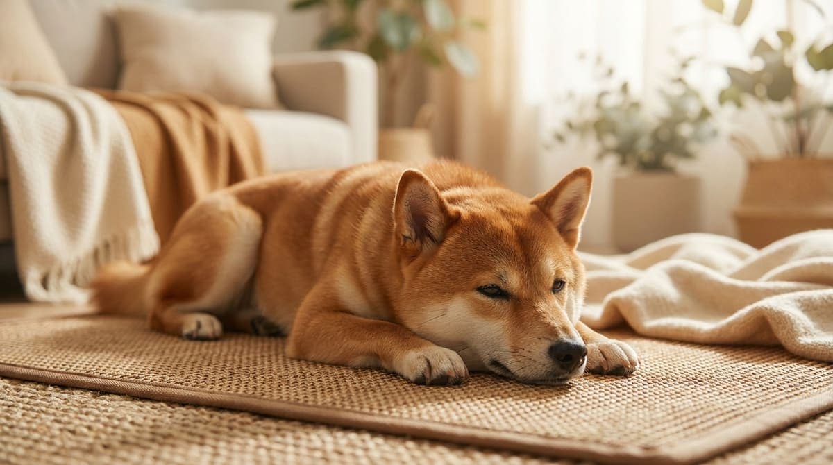 夏の室内でマットの上に伏せてくつろぐ柴犬