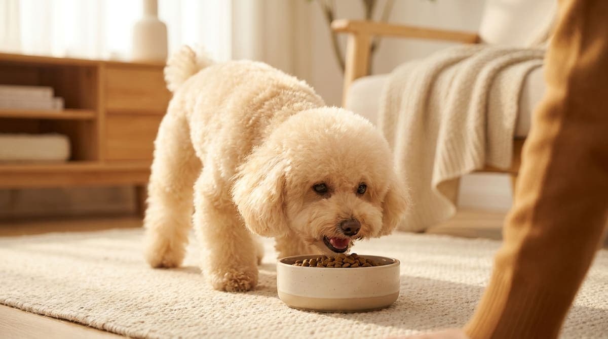 明るい室内でごはんボウルからフードを食べる小型犬