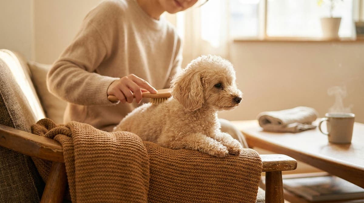 室内でやさしくブラッシングをしてもらう、リラックスした小型犬