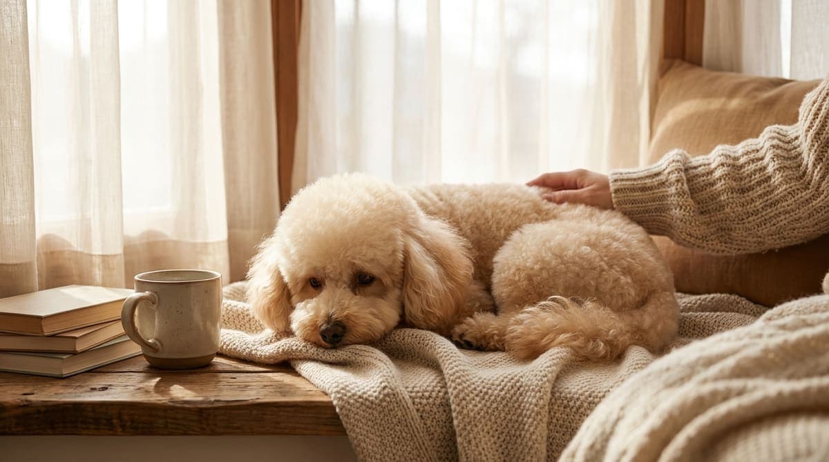 窓辺の日差しの中でくつろぐ、毛づやのよい小型犬