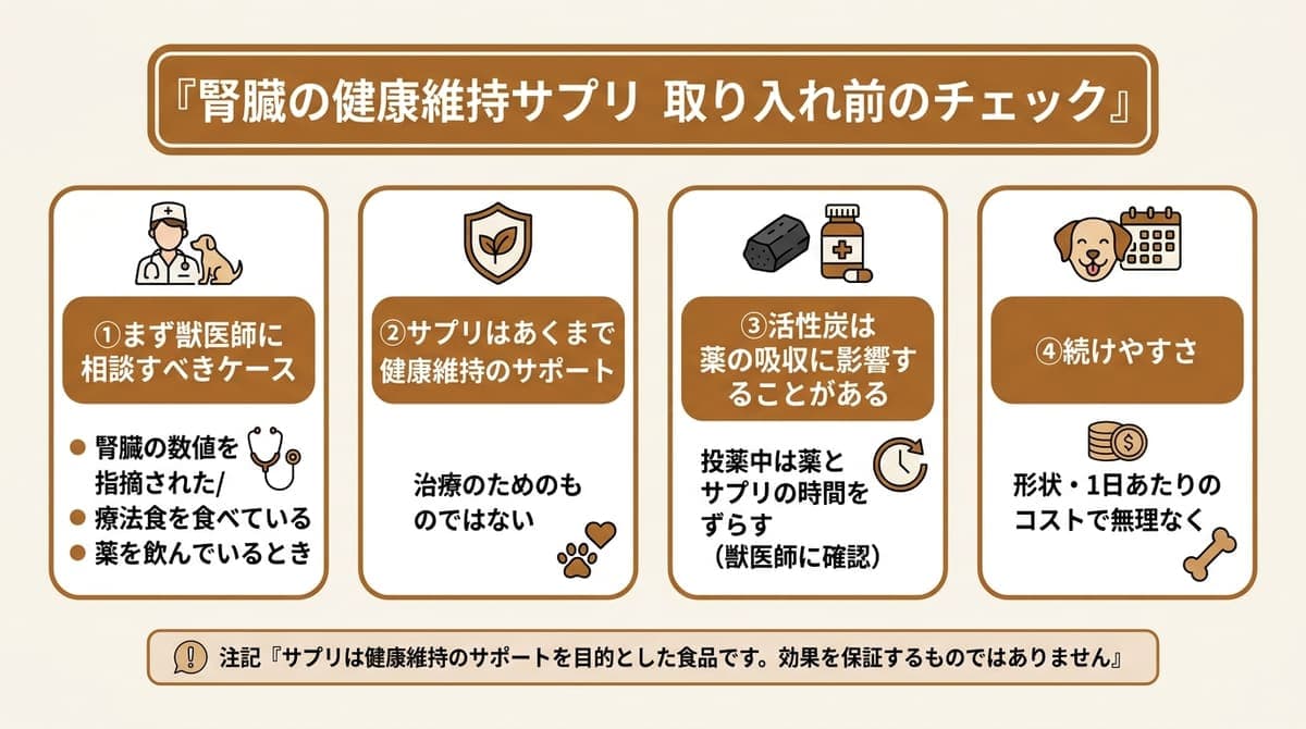 腎臓の健康維持サプリを取り入れる前に確認したい4つの観点(まず獣医師に相談すべきケース・サプリは健康維持のサポート・活性炭は薬と時間をずらす・続けやすさ)をまとめたカード型の図解