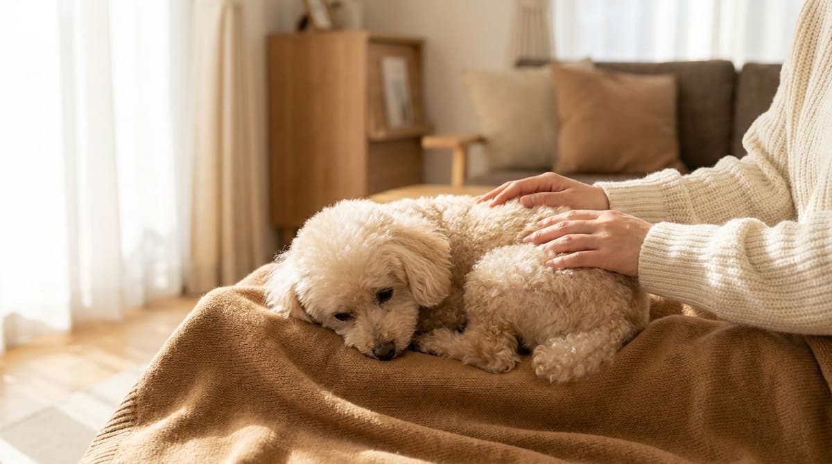 日だまりの室内でシニアの小型犬を優しくなでる飼い主の穏やかな時間