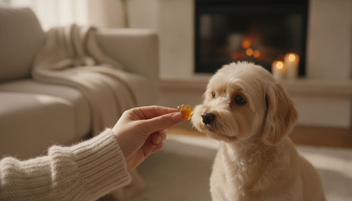 室内でジュレタイプのサプリを小型犬に与える飼い主の手