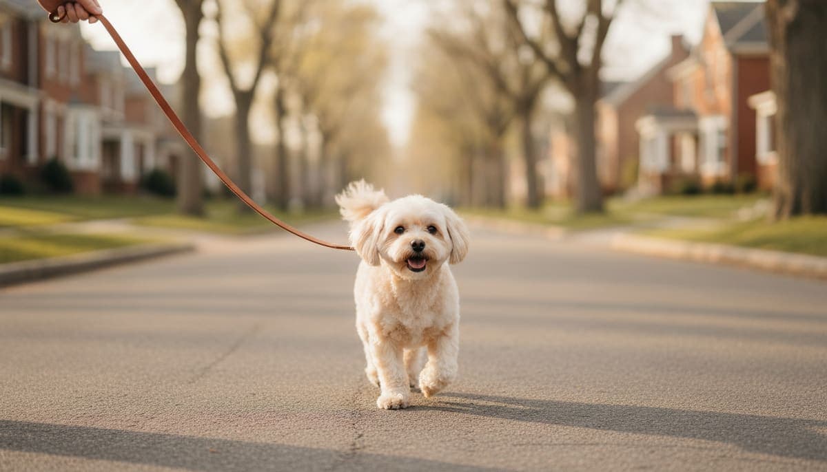 住宅街の道をリードをつけて歩く白い小型犬