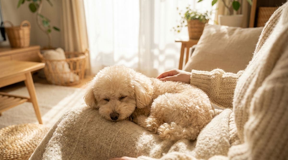日当たりのよい室内でくつろぐトイプードルを優しくなでる飼い主の穏やかな時間