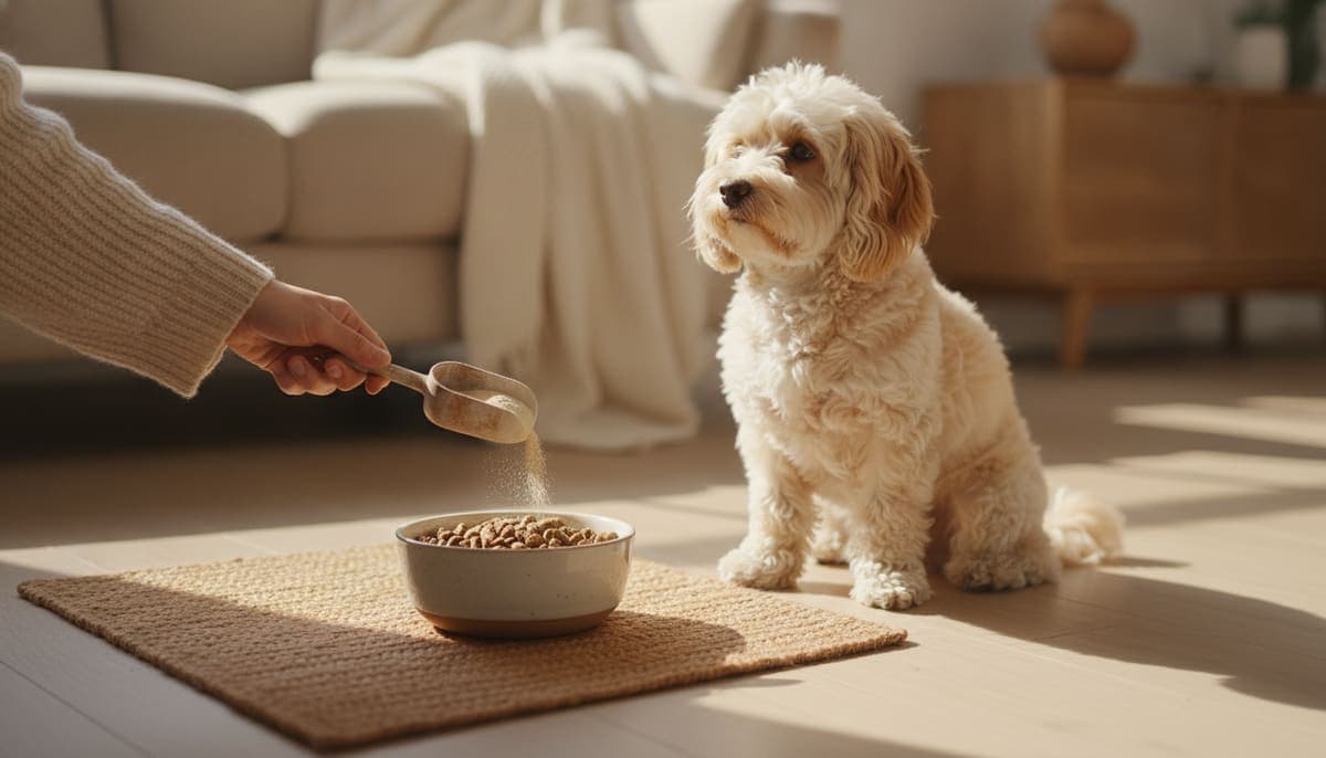 室内でごはんに粉末サプリを混ぜる飼い主の手と、そばで待つ小型犬
