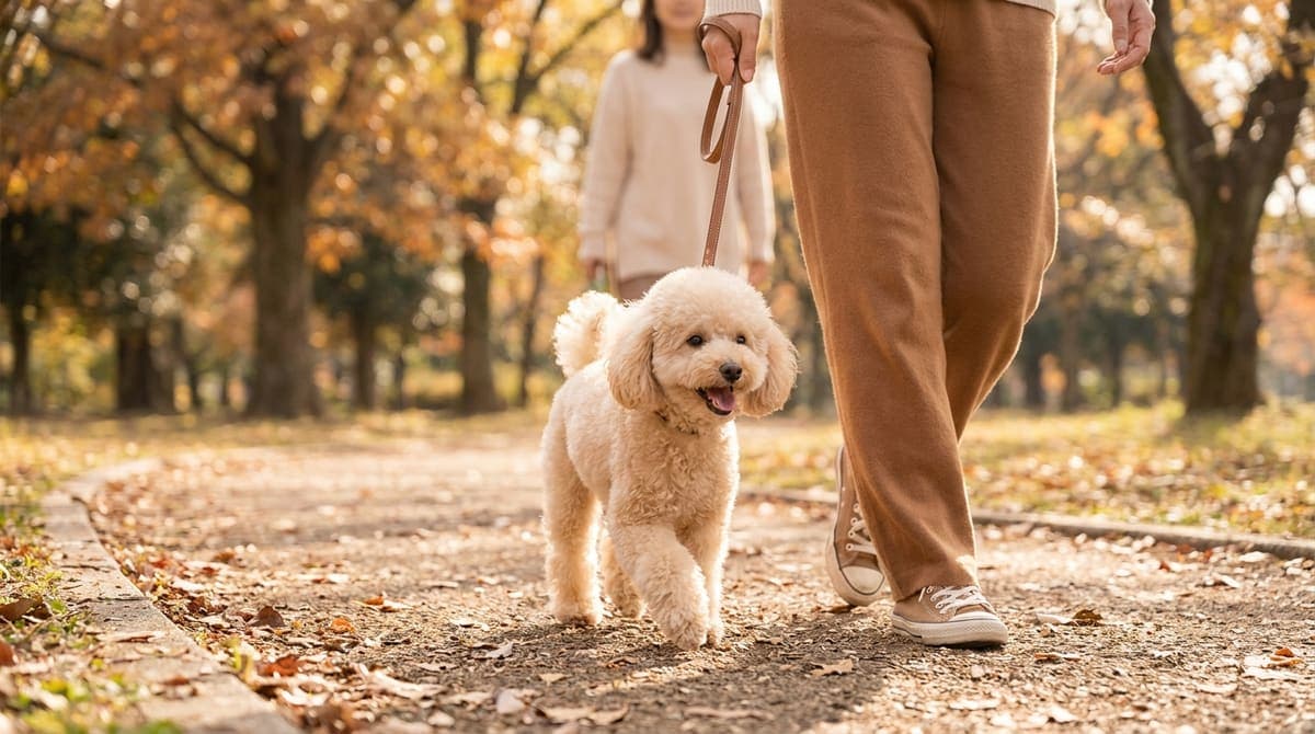 晴れた日の公園で元気に飼い主のそばを歩くトイプードル