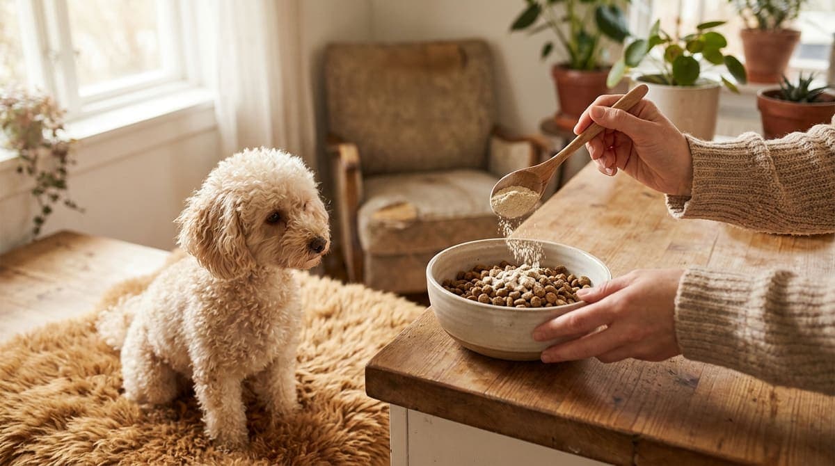 いつものごはんに粉末サプリを混ぜて小型犬に与える飼い主の手元