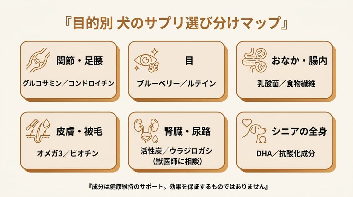 犬のサプリを目的別(関節・足腰、目、おなか・腸内、皮膚・被毛、腎臓・尿路、シニアの全身)に選び分け、それぞれで注目される成分の例をカード型で示した図解